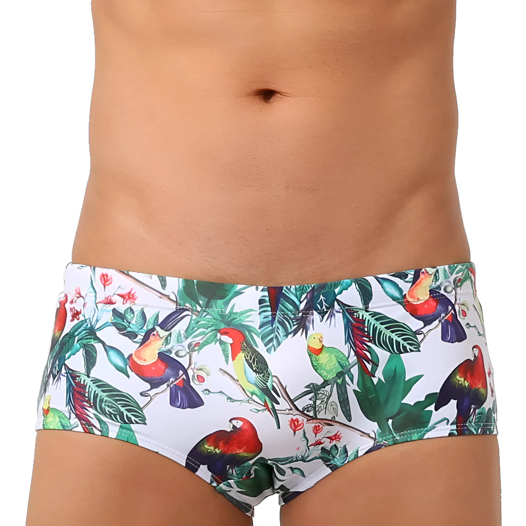 Men's floral print nylon swimming trunks with a cup cover, shown in the 619 flowers and birds colour pattern.