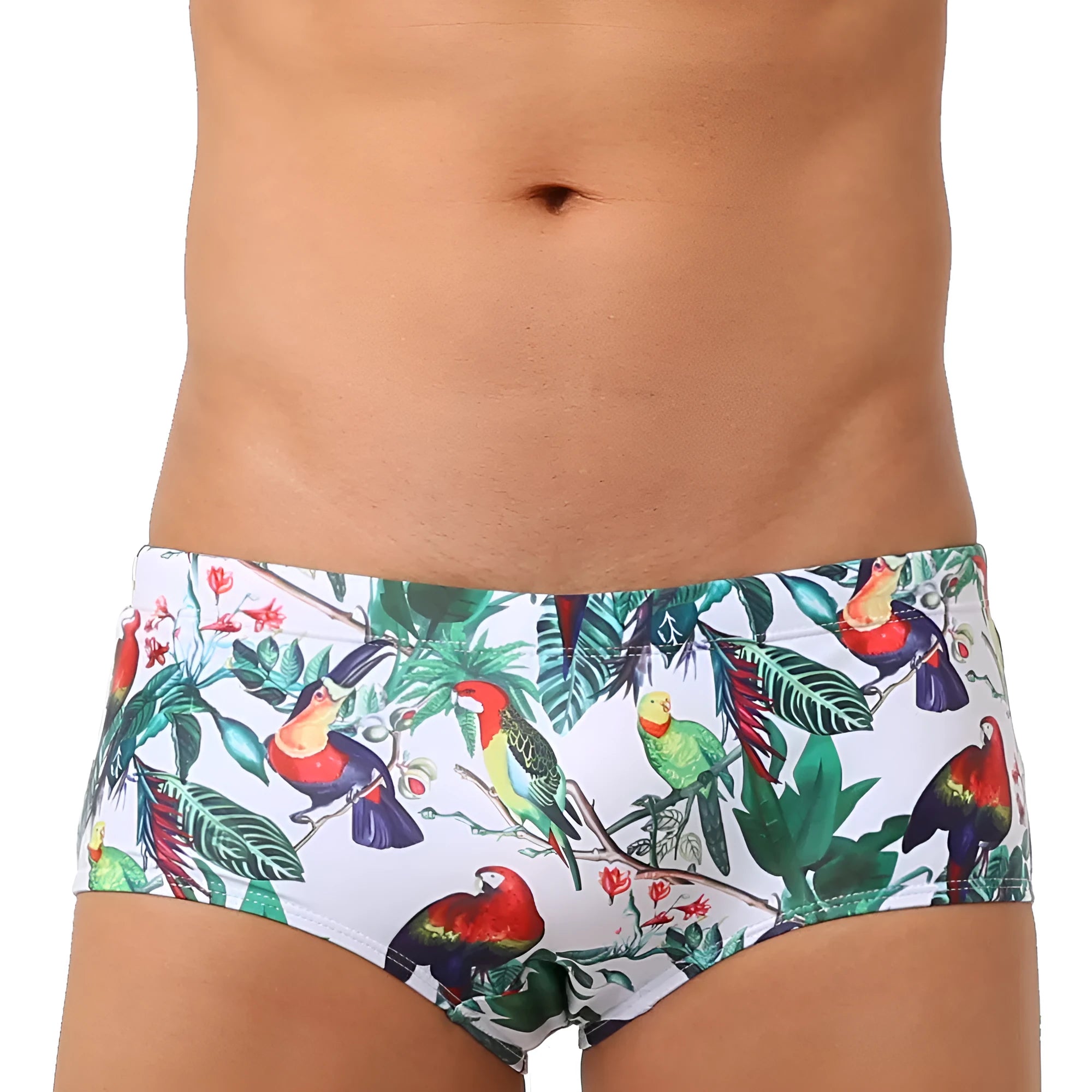 Men's floral print nylon swimming trunks with a cup cover, shown in the 619 flowers and birds colour pattern.