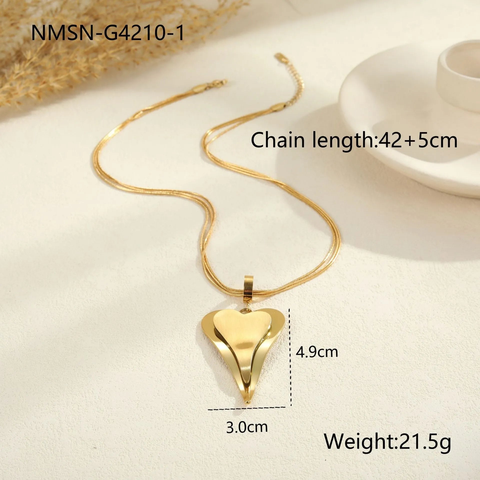 Stainless steel geometric necklace with double heart snake bones pendant in gold or steel colour options