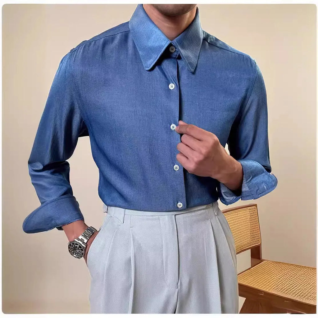Men's slim fit round collar business shirt in blue rayon-polyester blend fabric