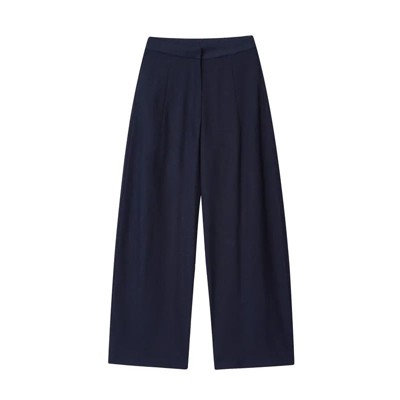 Women's linen-style shirt and wide leg trousers set in coordinating colours with flounce sleeves