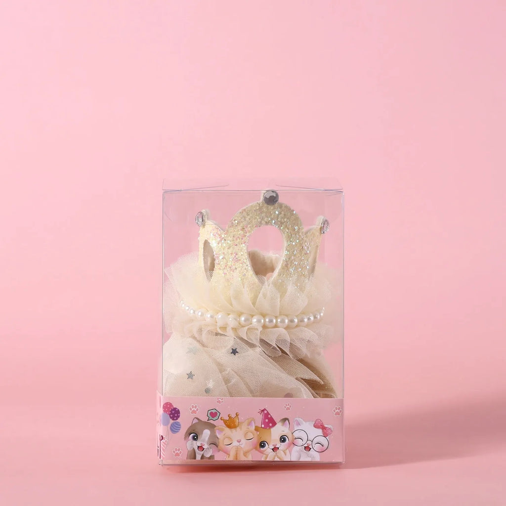 Princess crown headdress with veil for a cat, shown in beige and pink colour options.