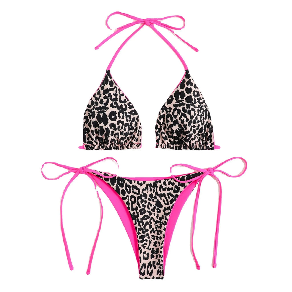 Women's lace-up triangle split bikini set in polyester fabric showing adjustable design