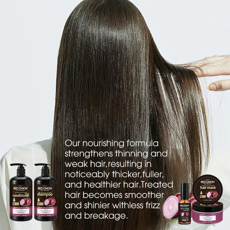 Red Onion Shampoo, Conditioner, Hair Mask, and Essential Oil 4-piece hair care set.