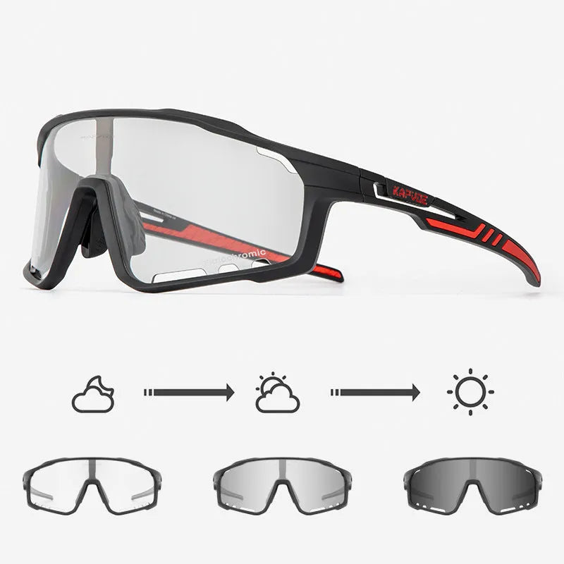 Photochromic cycling sports goggles with TR90 frame and semi-rimless design shown in multiple colour options.