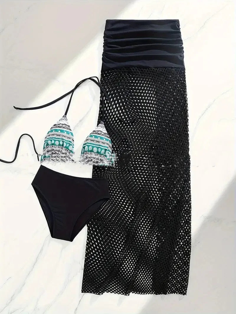 Women's brown, pink, and black three-piece bikini set with a fishnet long skirt on a size chart.