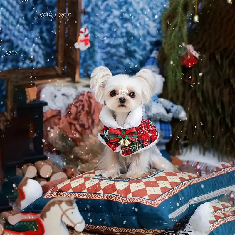 Festive pet scarf with holiday pattern in red and blue colours, shown draped as a winter accessory