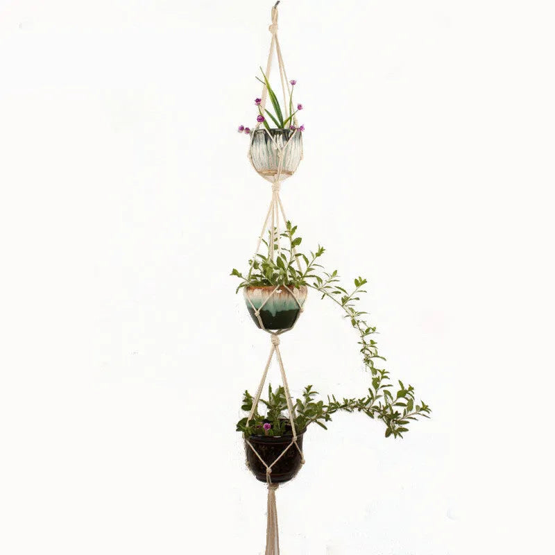 Woven wire plant basket holder with cotton rope construction in desktop and wall hanging styles