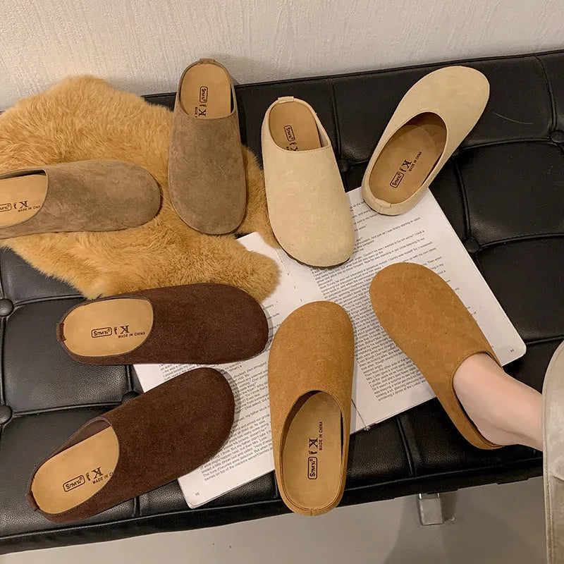 Korean style ugly soft broken slippers in apricot colour with square toe and flat PU sole