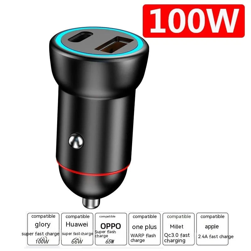 Black 200W super fast car charger with zinc alloy housing and USB output interface.