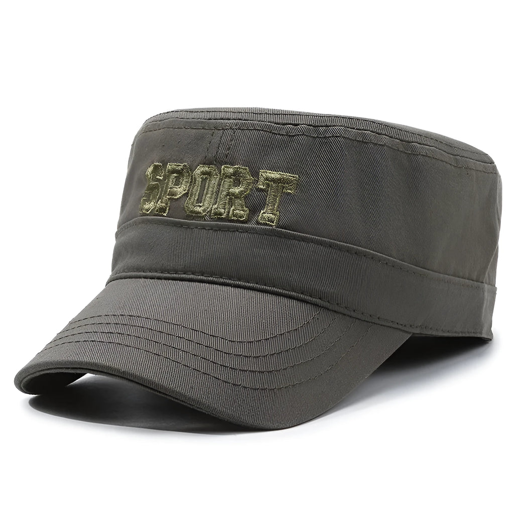 Men's adjustable cotton flat-top peaked cap in army green colour showing dome crown