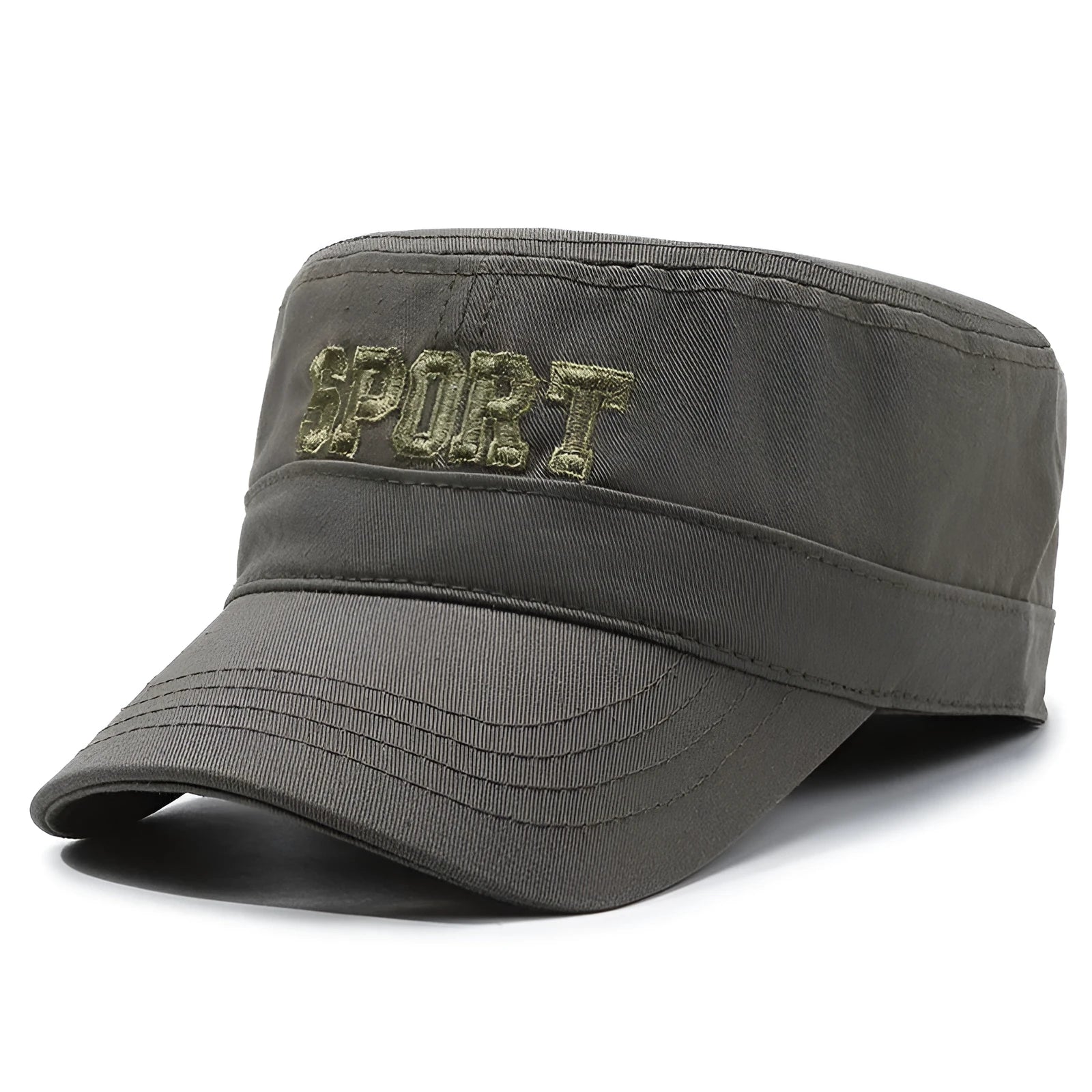 Men's adjustable cotton flat-top peaked cap in army green colour showing dome crown