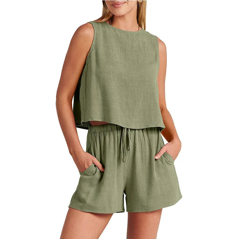 Women's summer two-piece set with sleeveless top and drawstring shorts in rayon-linen fabric
