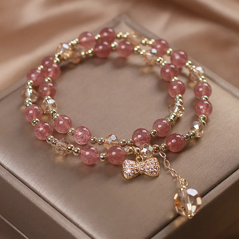 Red cat's eye flowers pattern double layer crystal bracelet with lucky cat charm