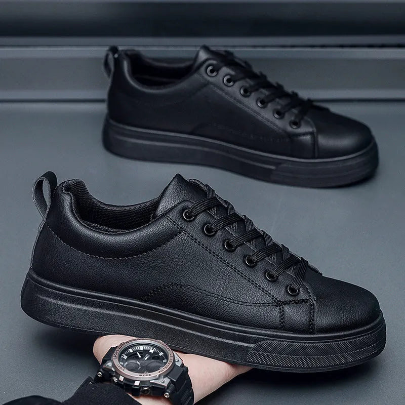 Men's white and black Korean-style low-top sneakers with round toe and rubber sole
