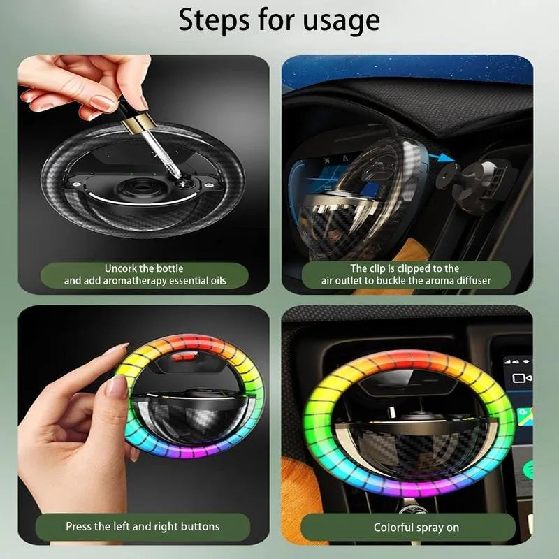 Black aromatherapy LED rhythm lamp with USB Type-C cable and essential oils on a table