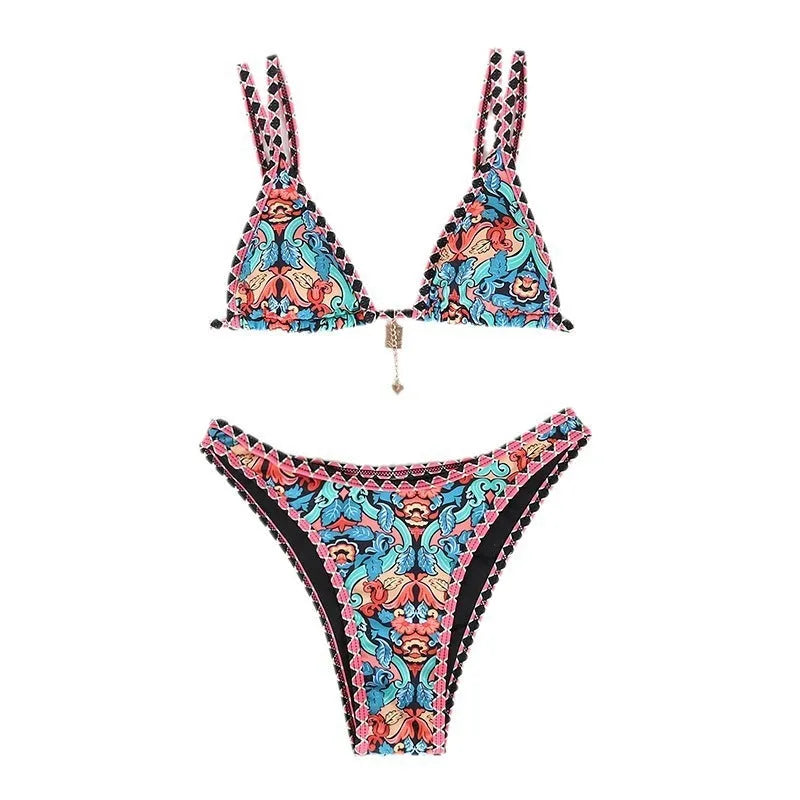 Retro patterned women's bikini swimwear in polyester fabric with four colour options