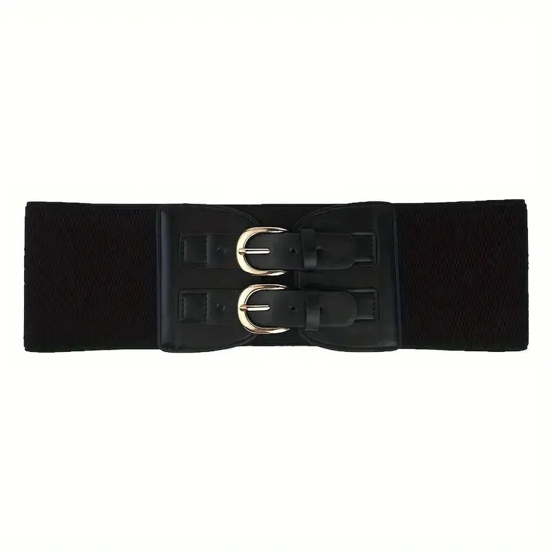 Women's black synthetic leather wide waistband with single loop on a plain background showing elastic construction