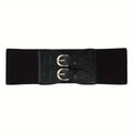 Women's black synthetic leather wide waistband with single loop on a plain background showing elastic construction