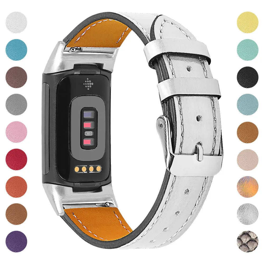 Genuine brown leather watch strap for Fitbit Charge 5 and Charge 6 smartwatches.