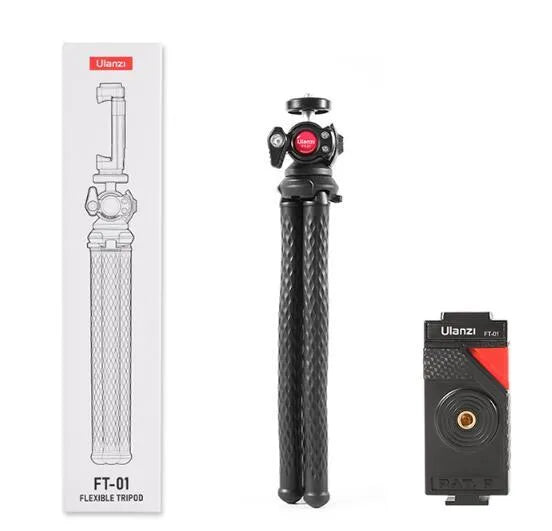 Black octopus-style mobile phone tripod with telescopic extension and attached phone clip