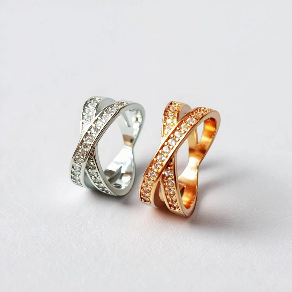 Metal cross ring with micro-inlaid zircon stones in silver or rose gold electroplate