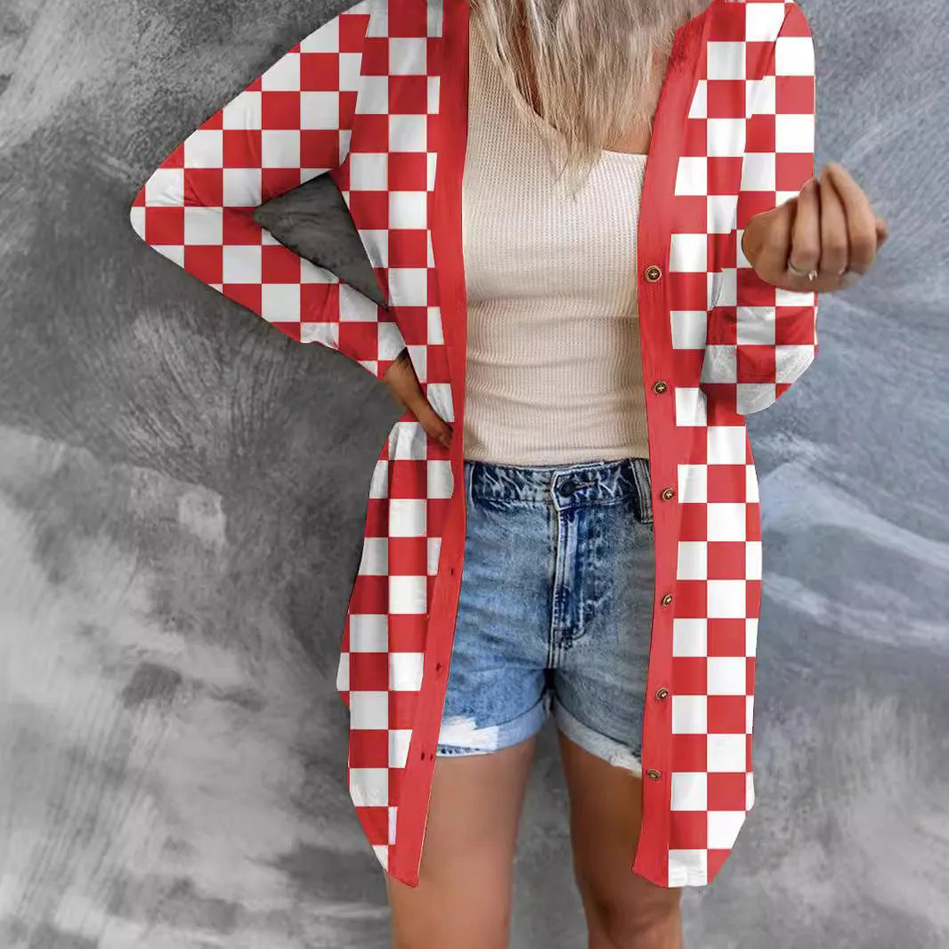 Women's long grey plaid knitted coat cardigan with contrasting colour blocks, loose fit, and regular sleeves.