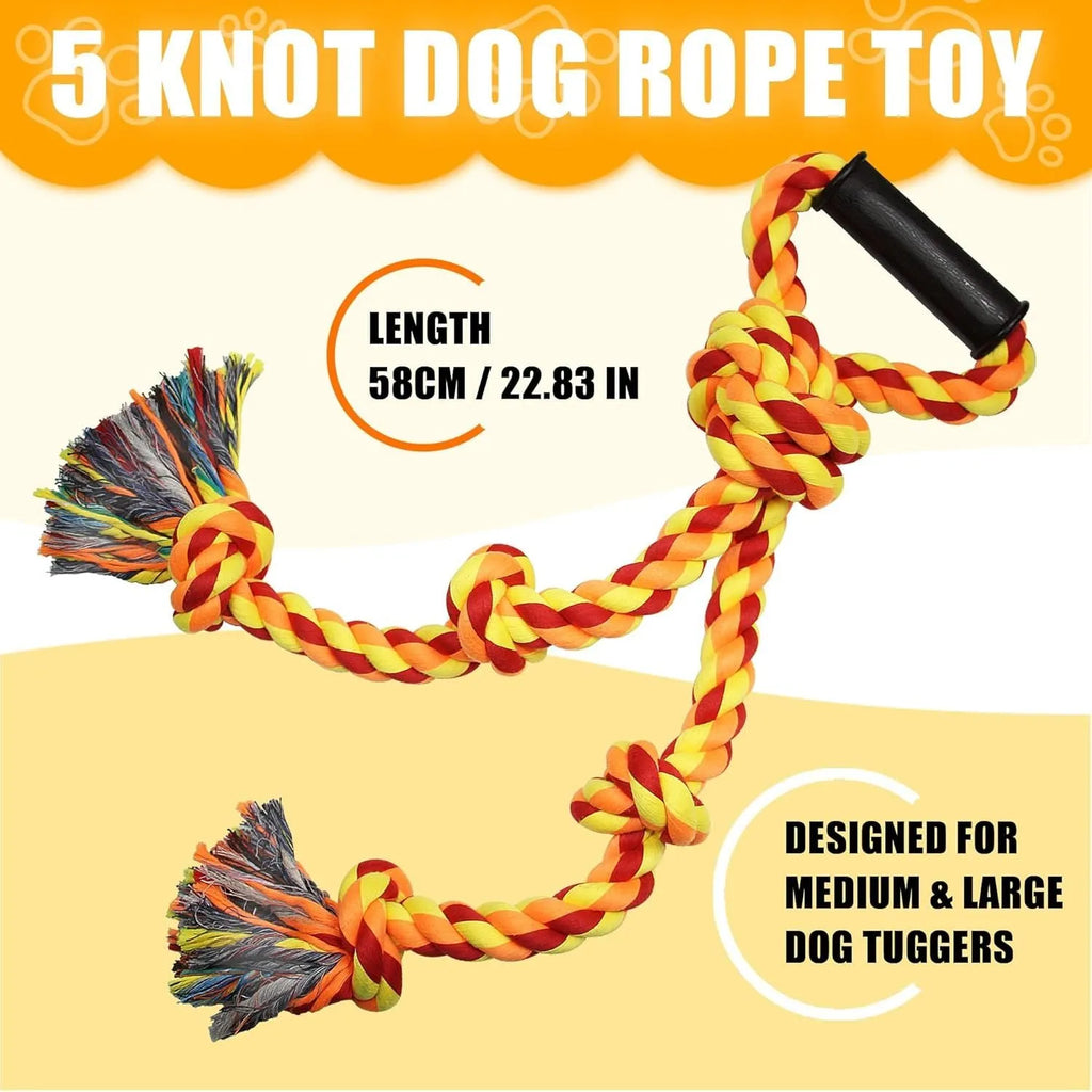 Blue and yellow woven cotton rope dog tug toy with a textured handle for large breed dogs.