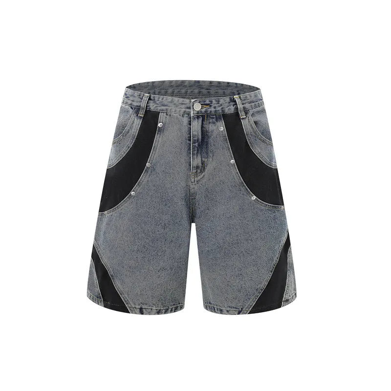 Retro denim suit set showing washed finish short-sleeve jacket and matching trousers