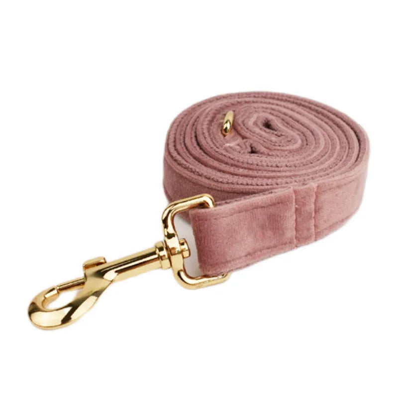 Light purple pink velvet dog collar set with leash and matching accessories on cloth material