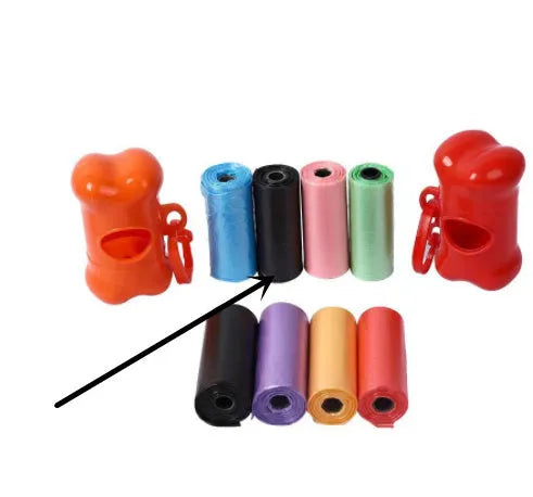 Roll of coloured disposable pet waste bags showing black, blue, green, light blue, pink, and purple options.