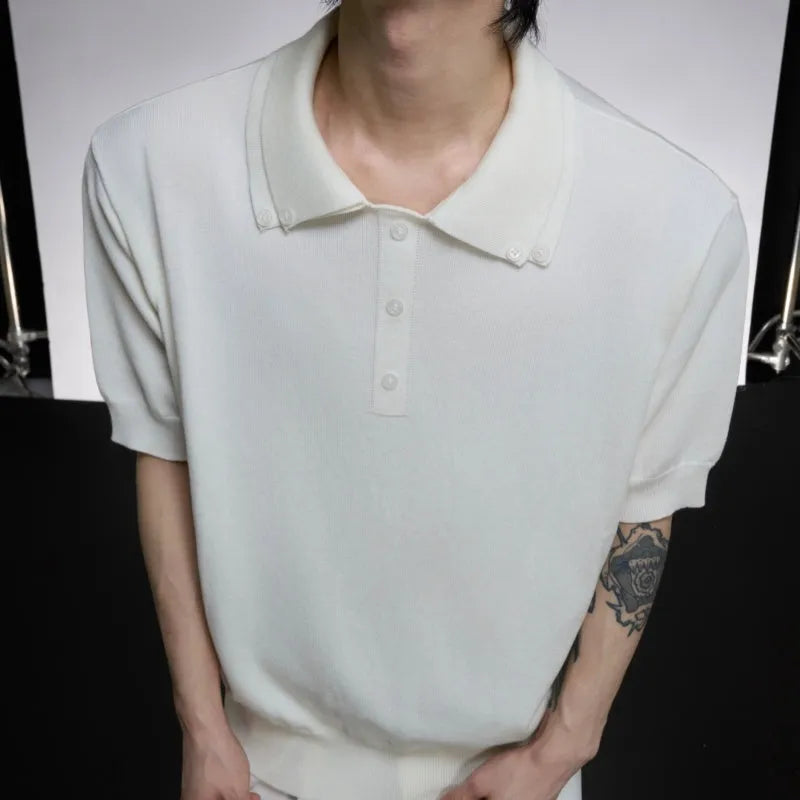 Men's black short sleeve knit shirt with double lapel collar design and ice feeling polyester fabric