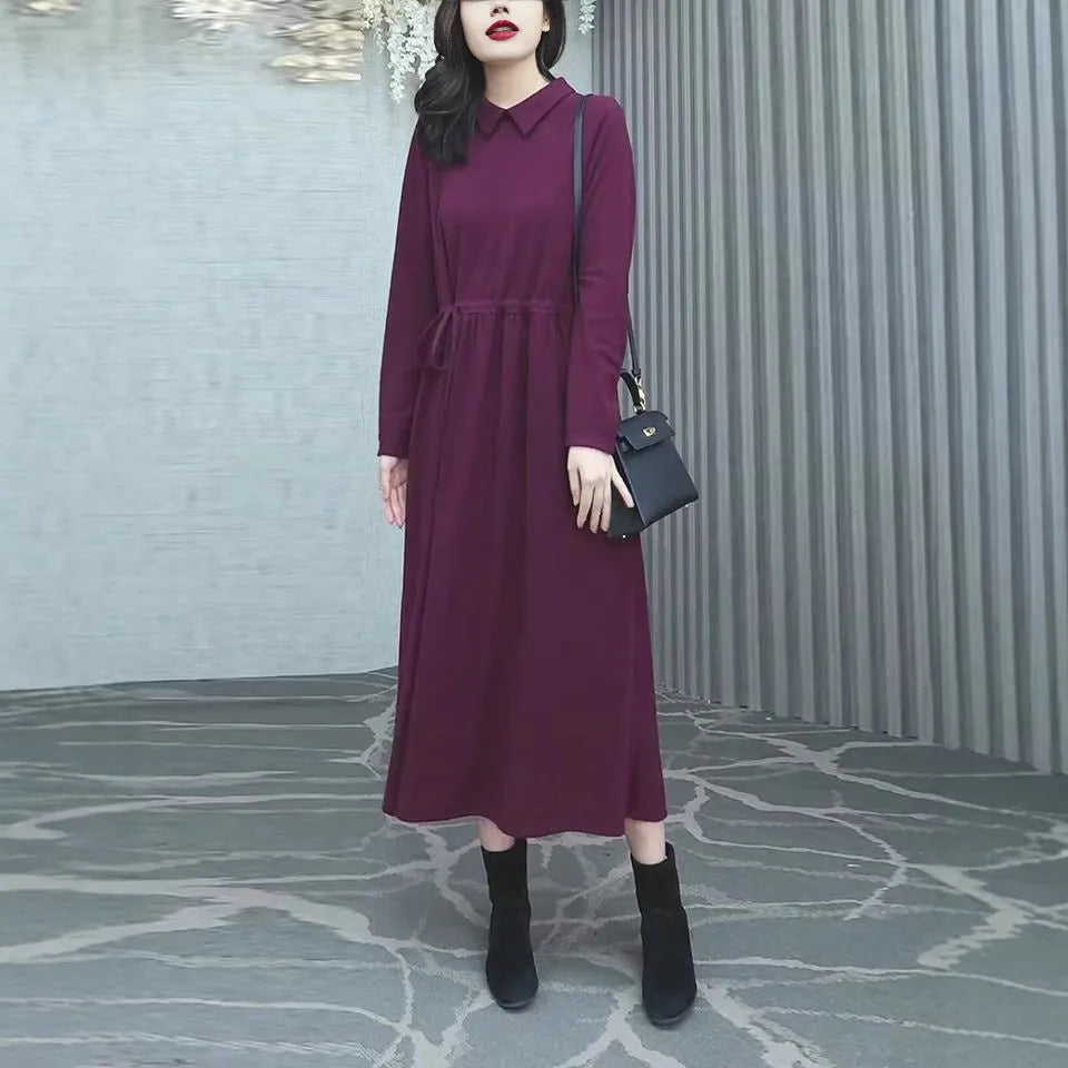 Purplish red plus size women's dress with extra long sleeves and long skirt for autumn winter wear