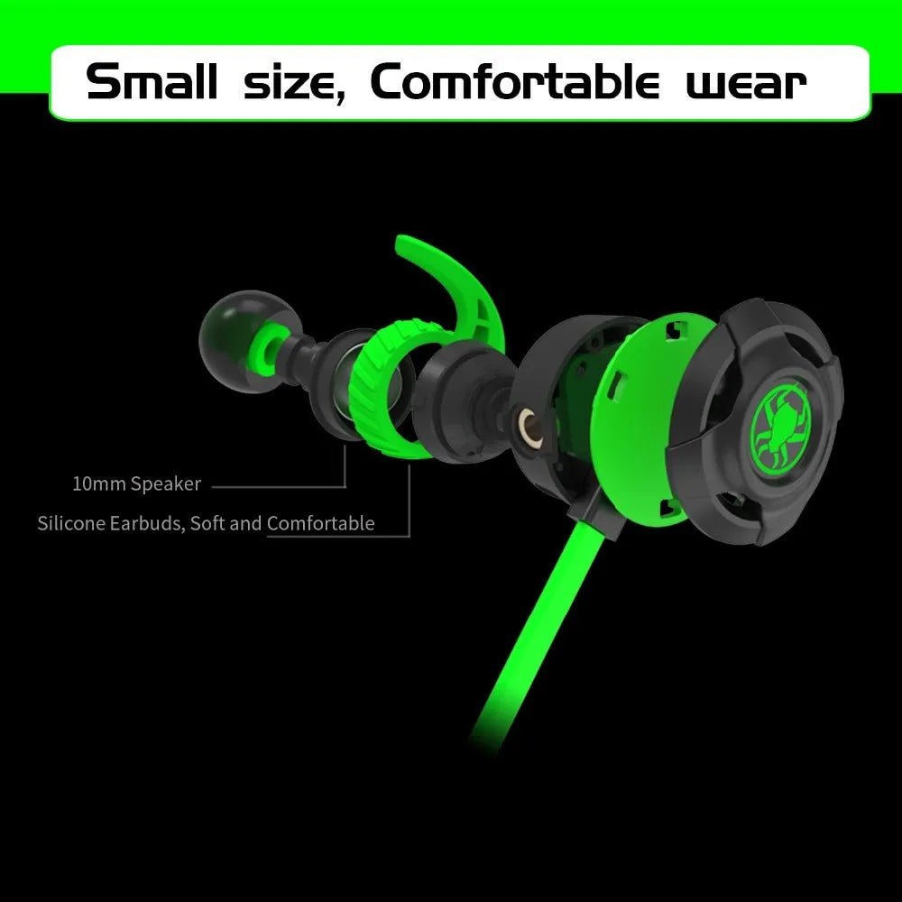 Shuangmai wired in-ear computer gaming headset in black, green, and red colours with 1.5 cm cable