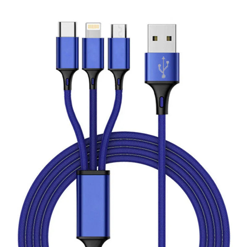 Braided 3-in-1 universal data cable with aluminium alloy connectors showing black blue silver red colour options