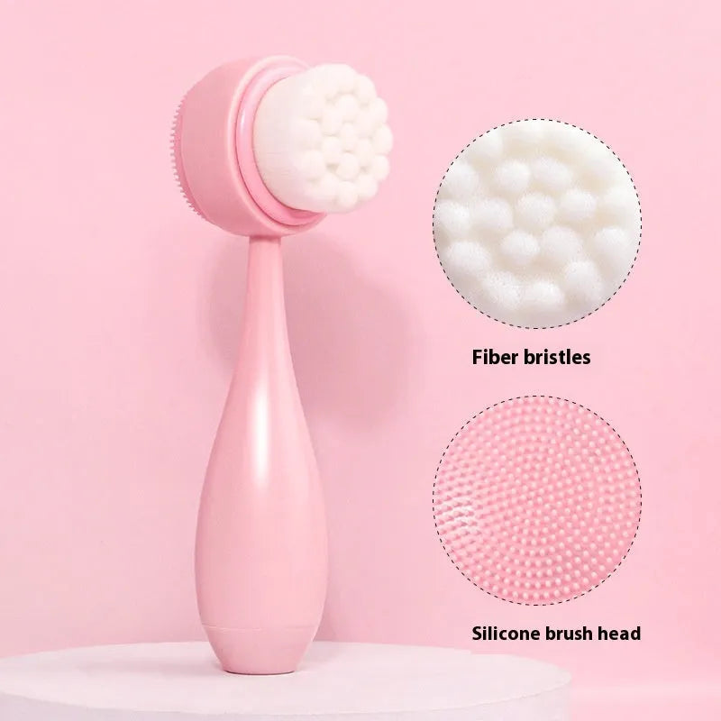 Facial brush and coral fleece hair band set in purple colour with plastic handle and nylon bristles