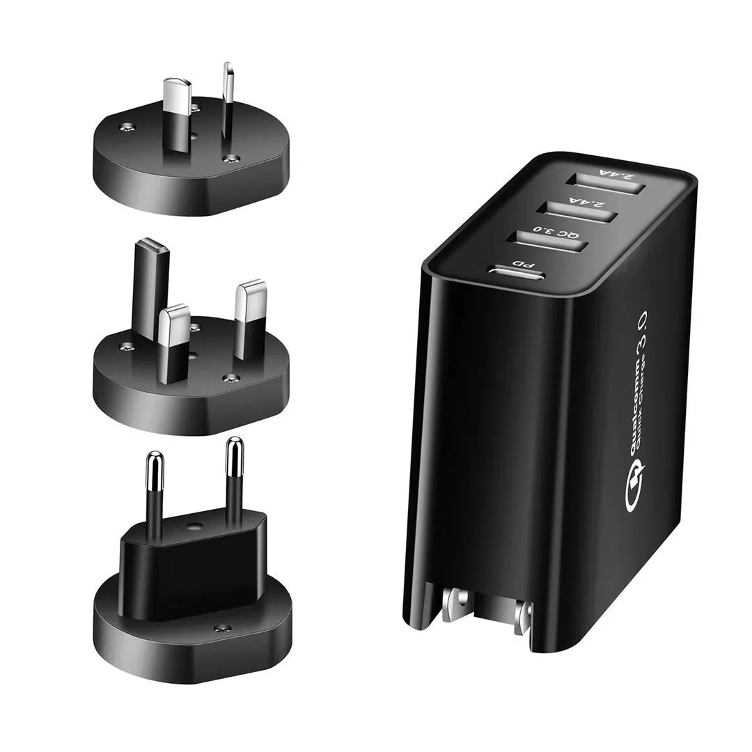 White multi-port USB wall charger with fast charging, showing PD and QC ports.
