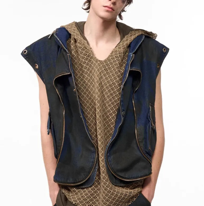 Blue polyester Korean style hooded denim vest coat with matching trousers two-piece set