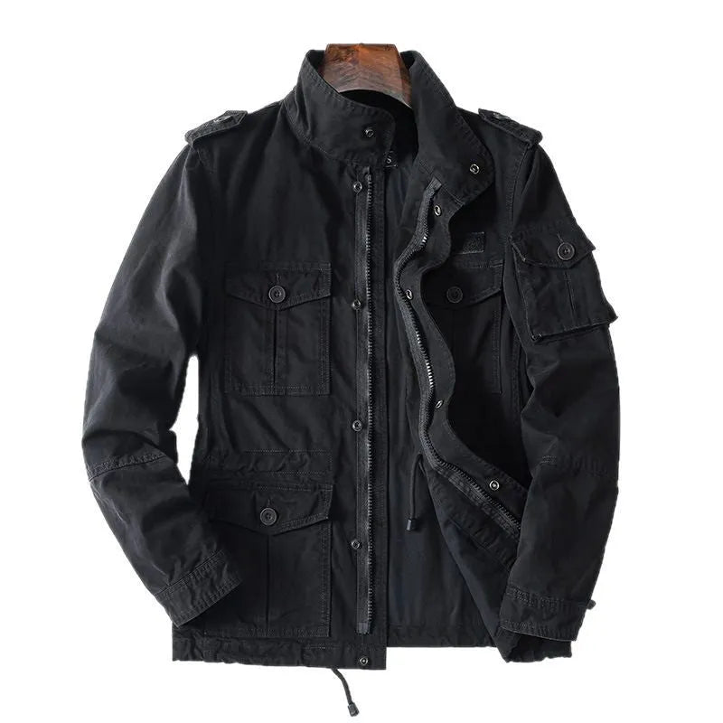 Men's loose fit cotton twill jacket in light brown, retro style, zip front, no hood.