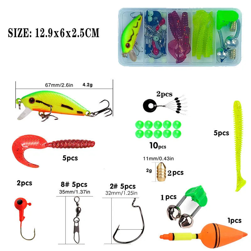 Children's beginner fishing rod and reel set in blue, green, red, or yellow colour options.