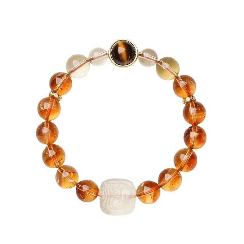 Women's carved citrine bracelet with 10mm geometric crystal beads in ethnic style design