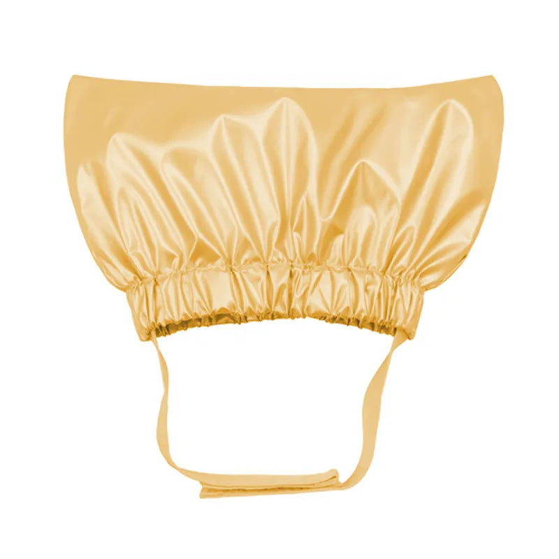Adjustable waterproof pet shower cap in silver, pink, and gold colours for cats and dogs