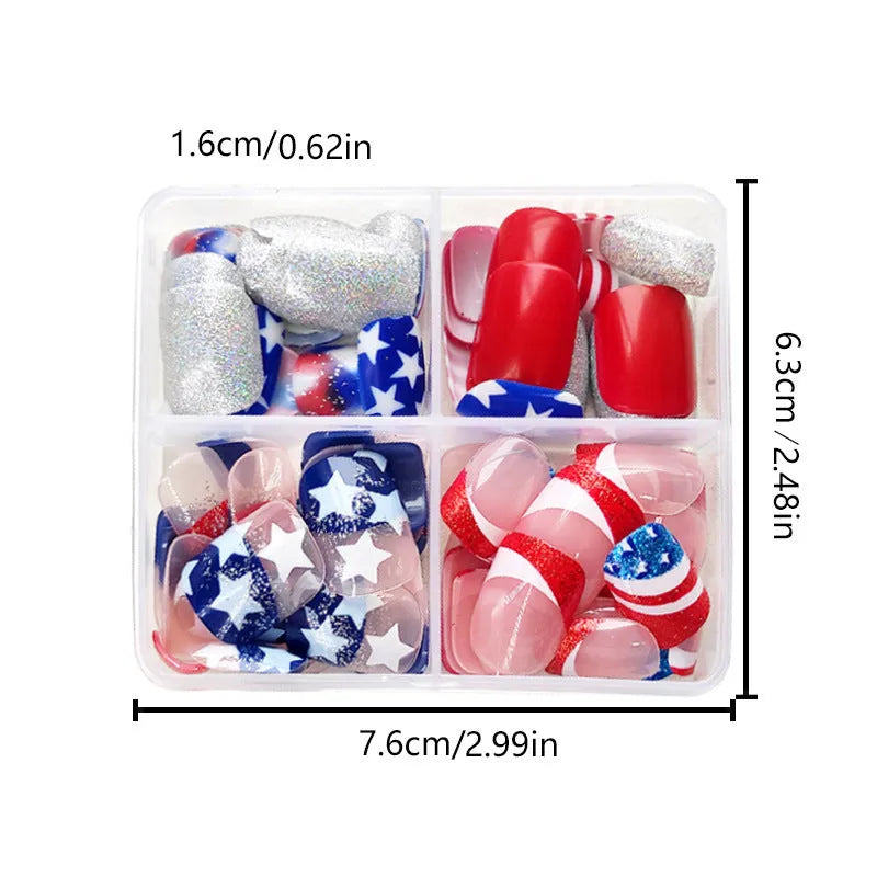 Independence Day wear nail set with five-pointed star designs in patriotic red, white, and blue colours