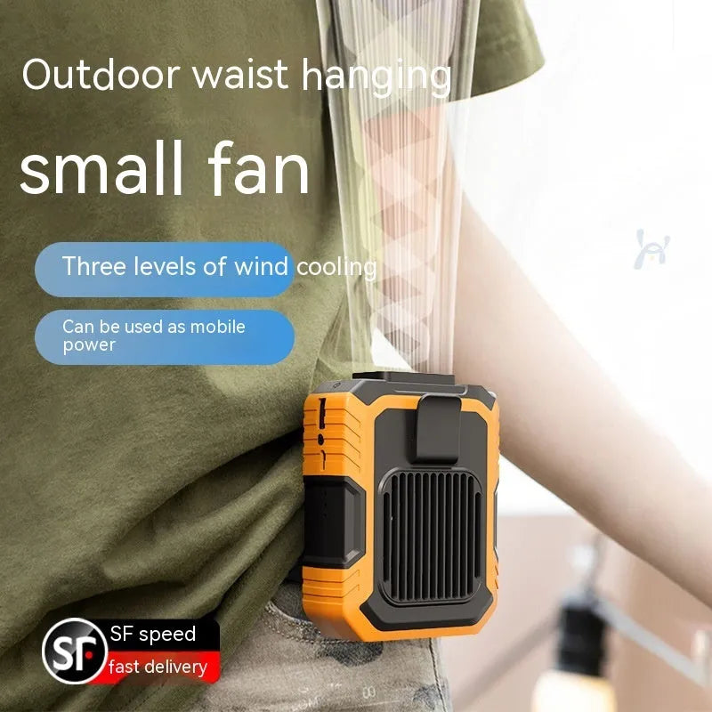 Green wrist hanging personal fan with light and USB charging port, shown with silicone neck strap.