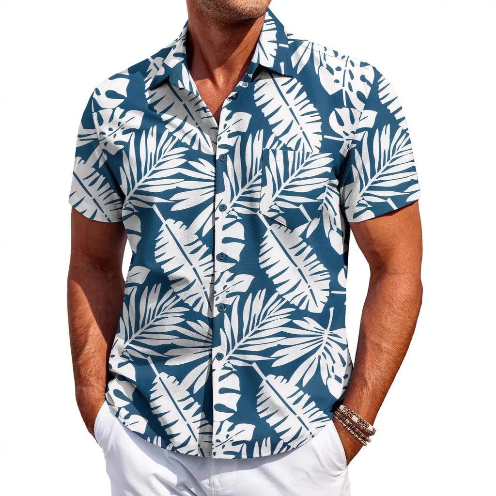 Men's slim fit Hawaiian-inspired cardigan shirt in elastic polyester fabric