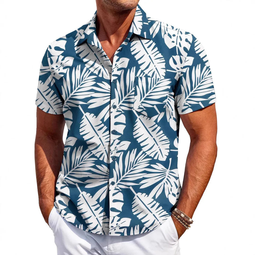 Men's slim fit Hawaiian-inspired cardigan shirt in elastic polyester fabric