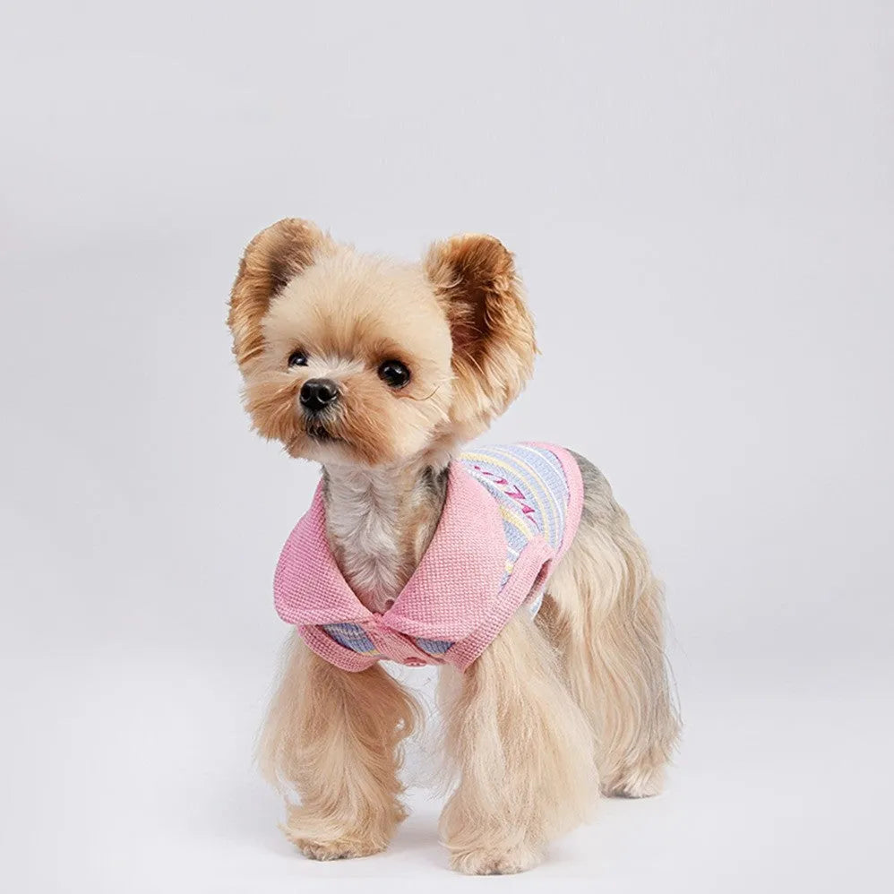 Pink purple knitted vest for a small dog on a mannequin, showing lightweight fabric and simple vest design.