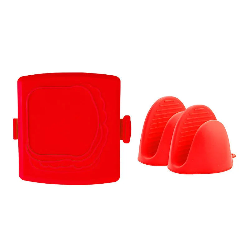 Red silicone baking tray with hand clamp attachment showing anti-scald design