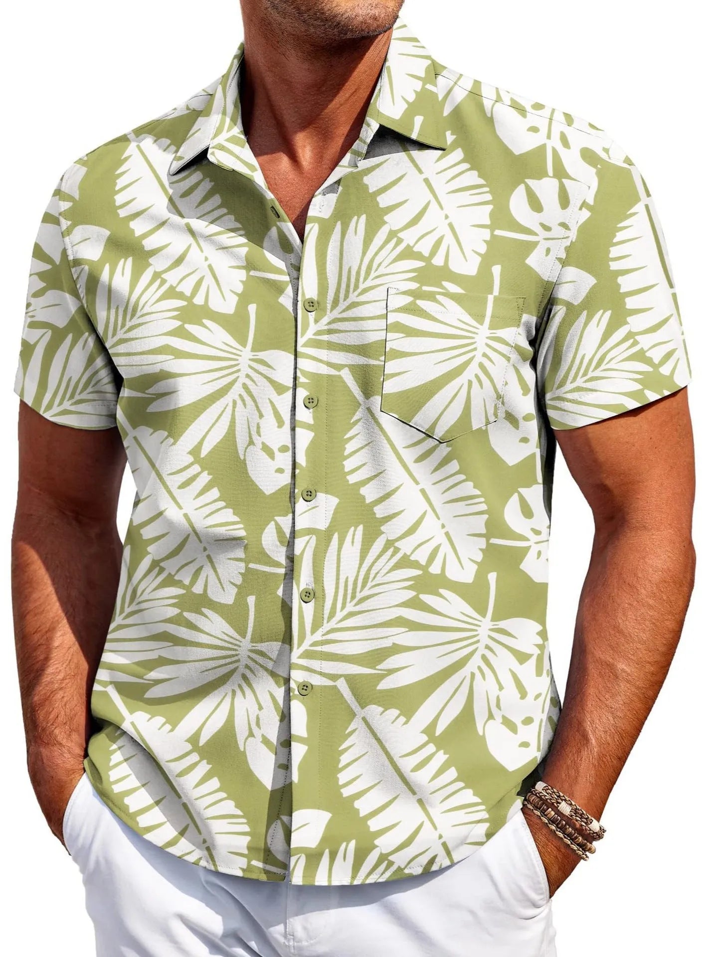 Men's slim fit Hawaiian-inspired cardigan shirt in elastic polyester fabric
