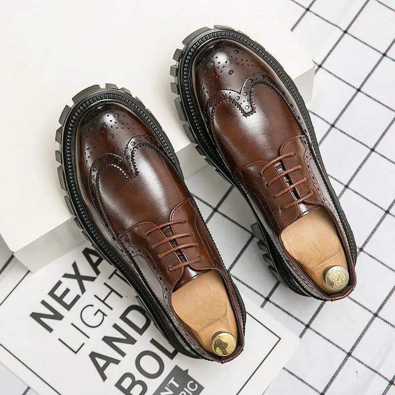 Men's black and brown artificial PU leather brogue business shoes with round toe.